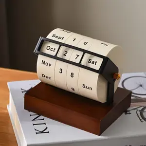 2026 New Vintage Mechanical Rotating Wheel Perpetual Calendar, Real Wood Base, Moon Date Indicator, Office Organizer, Elegant Office Home Desktop Decor