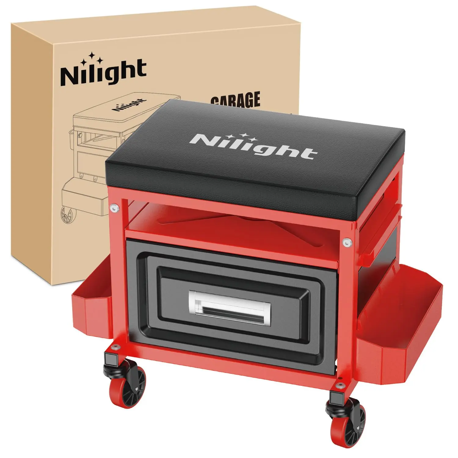 Nilight Rolling Mechanic Stool 350LBS Red Adjustable Garage Creeper Seat | Adjustable Height Three Side Storage Drawer Tool Trays Thick Padded Seat 360 Degree Casters Heavy Duty Steel for Garage Shop