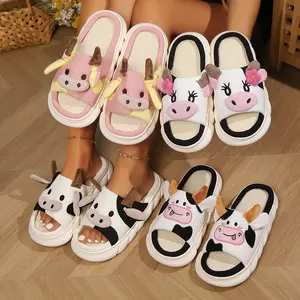 Men and women cute casual cow slippers cartoon animal shape slippers, women four seasons family linen slippers, couple slippers at home outdoor student slippers Walking Shoes Footwear