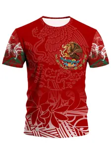 Mexican Football Jersey, 3D Eagle Aztec Maya Print Tee, Vibrant Tribal Design, Breathable Short Sleeve Round Neck Casual Summer Top, Jersey Shirts, Sports Top, Stylish Jersey, Sports Clothing, Breathable Tops
