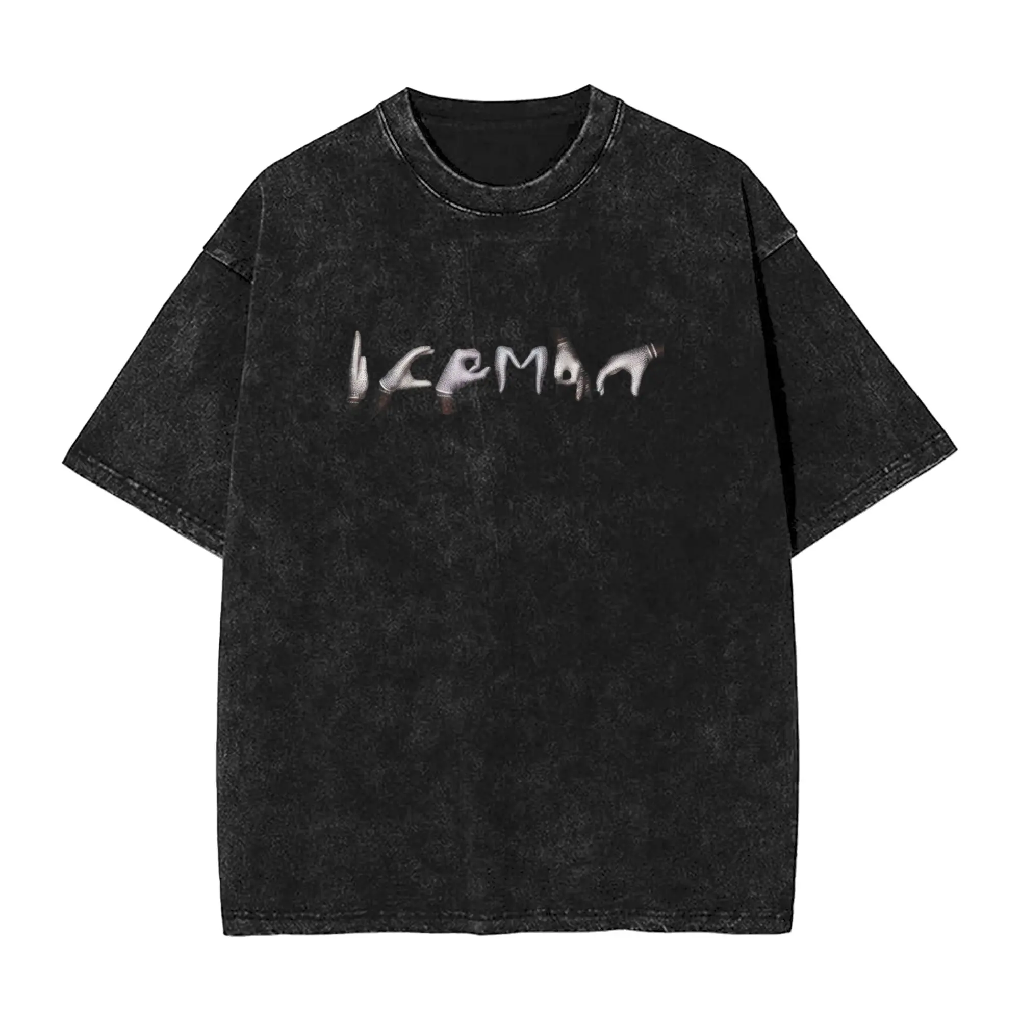 "ICEMAN" Sign Language Glove Vintage Washed T-Shirt, Cold Aesthetic Retro Graphic Tee, Acid Wash Heavyweight Cotton Shirt, Shimmering Hands Streetwear Top, Trendy Oversized Hip Hop Shirt Black Breathable