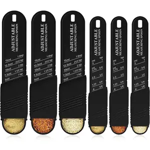 6 Pcs Adjustable Measuring Spoon Set – Plastic Teaspoons & Tablespoons for Baking, Cooking & Kitchen – 2 Sizes, Black, Transparent Lid