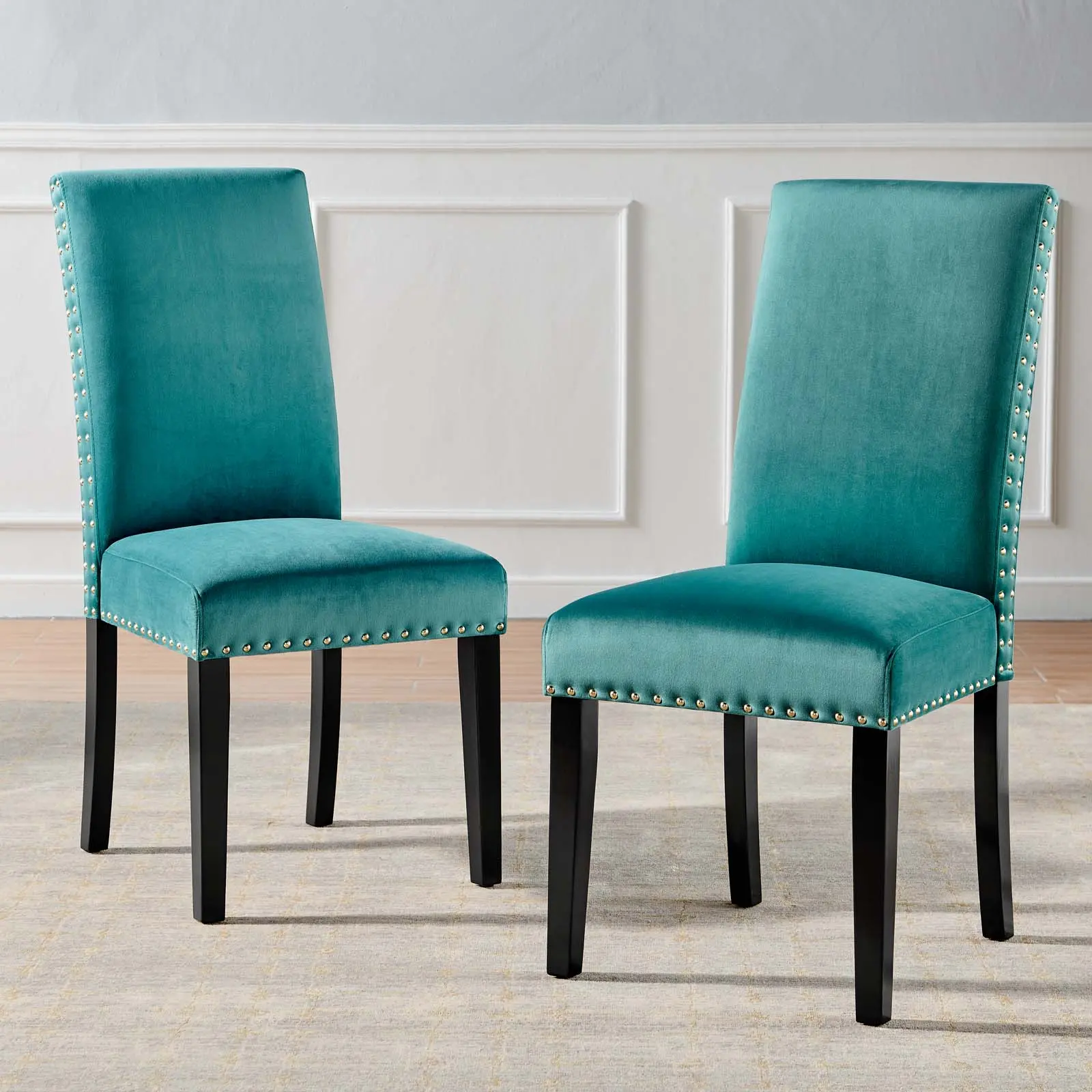 Modway Parcel Vintage Performance Velvet Dining Chairs - Set of 2, Teal with Blue Accent, Nailhead Trim, Stain-Resist, Assembly Required Indoor Dining Room Furniture