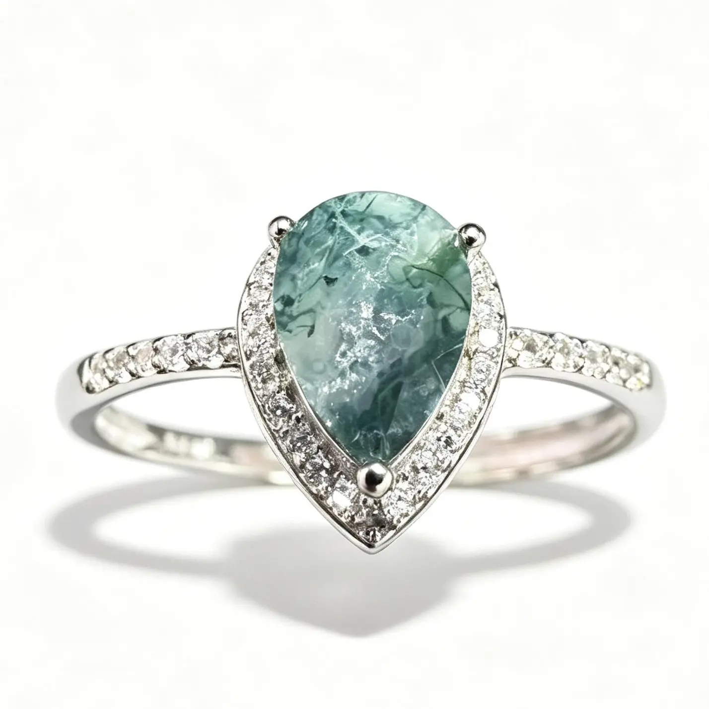 Pear-Shaped Moss Agate Halo 925 Sterling Silver Adjustable Ring