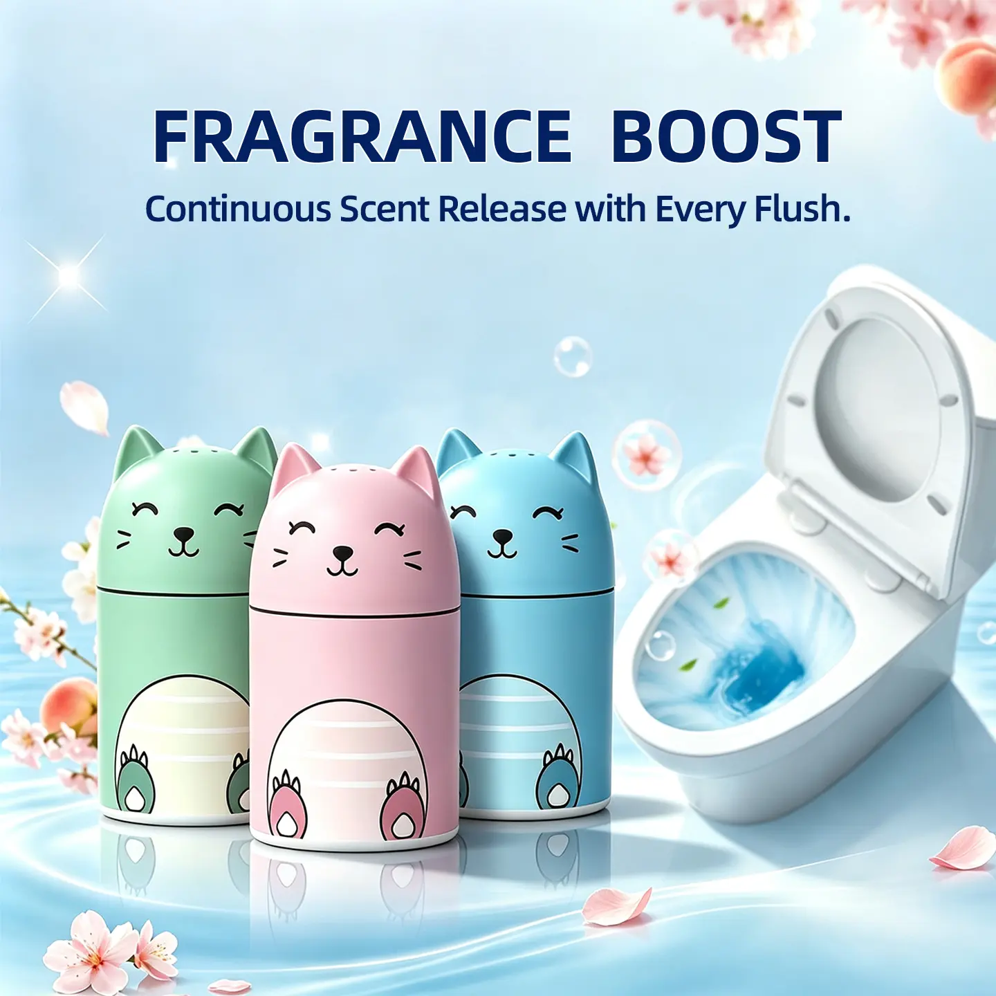 Automatic Scented Household Powerful Cleaning Tablets for Toilet Tank, 90-Day Odor Removal, Cute Magic 3-Color Set with Ocean, Jasmine, Peach Scents, Fun Unique Bathroom Fixture Accessory Present Idea