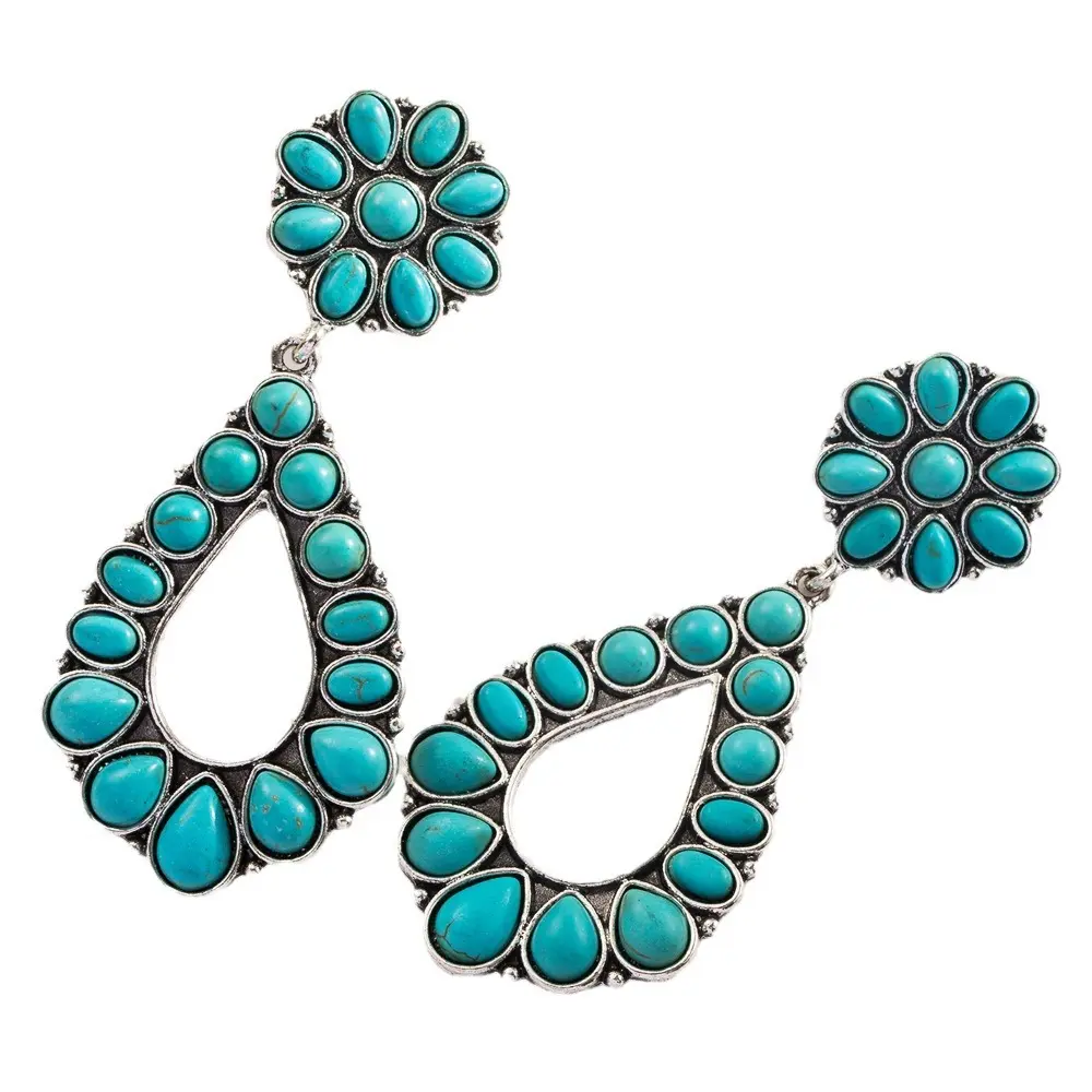 Women's Bestselling Bohemian Vacation Style Turquoise Inlaid Statement Earrings - Fashion Creative Exaggerated Dangle Ear Jewelry, Premium Ladies Stylish Accessory for Beach Vacation, Music Festival, Party, Daily Wear & Gifting