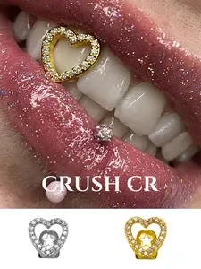 CRUSH CR 1pc Copper 18K Gold Plated Heart Shape Grillz with Cubic Zirconia Inlay, Adjustable Tooth Jewelry for Women & Men, Romantic Hip-Hop Style Dental Accessory – Perfect for Valentine’s Day, Party, Concert, Cosplay, TikTok Viral Looks, Tooth Gems