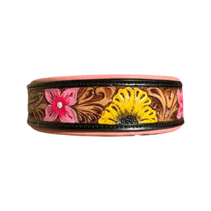 Pink Western Tooled Leather Dog Collar