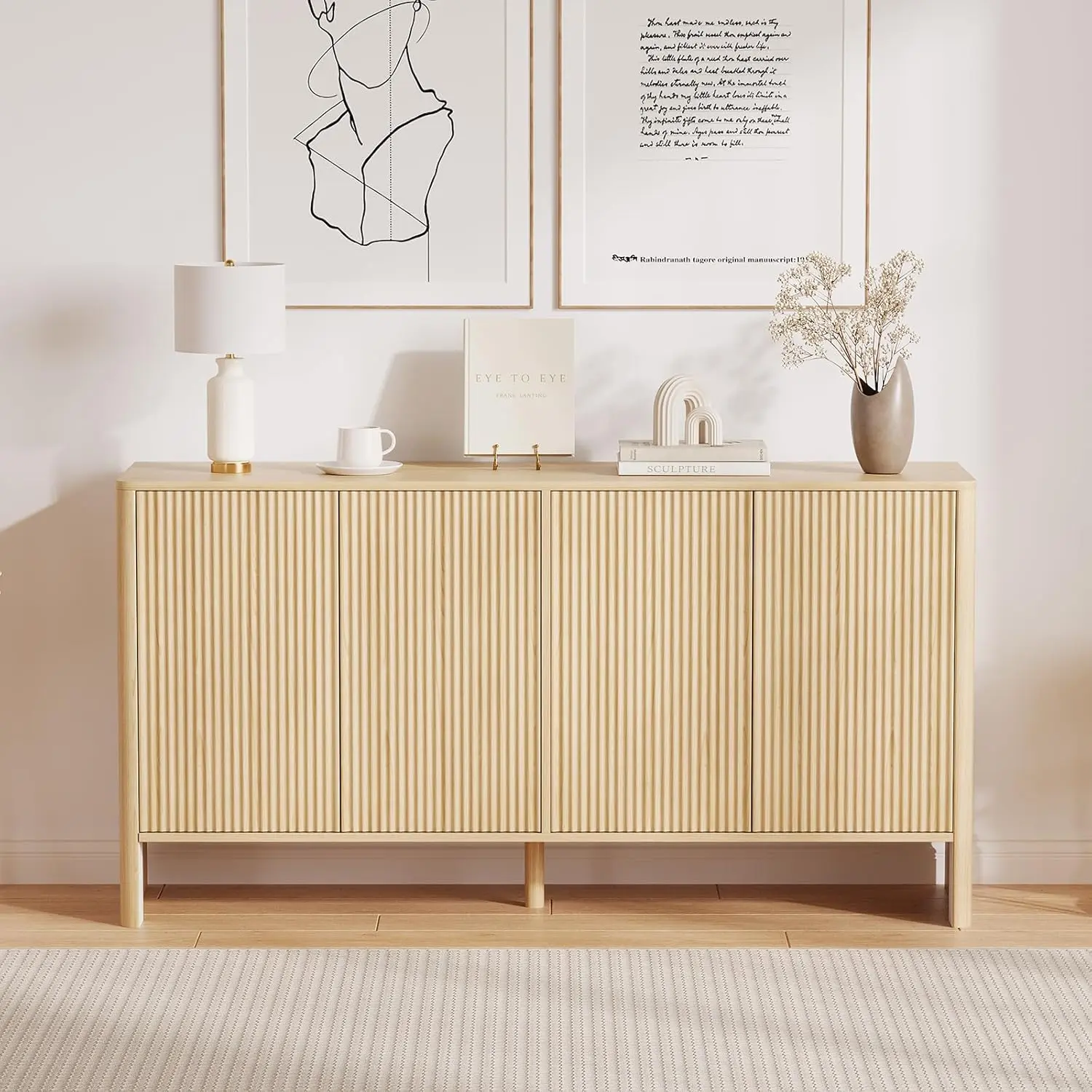 58" Faux Wood Sideboard Buffet Cabinet - Adjustable Storage, Curved Corner, Durable Handle Design, Farmhouse Fluted Coffee Bar Console Table for Dining Room, Living Room, Adjustable Storage Sideboards, Curved Corner Sideboards