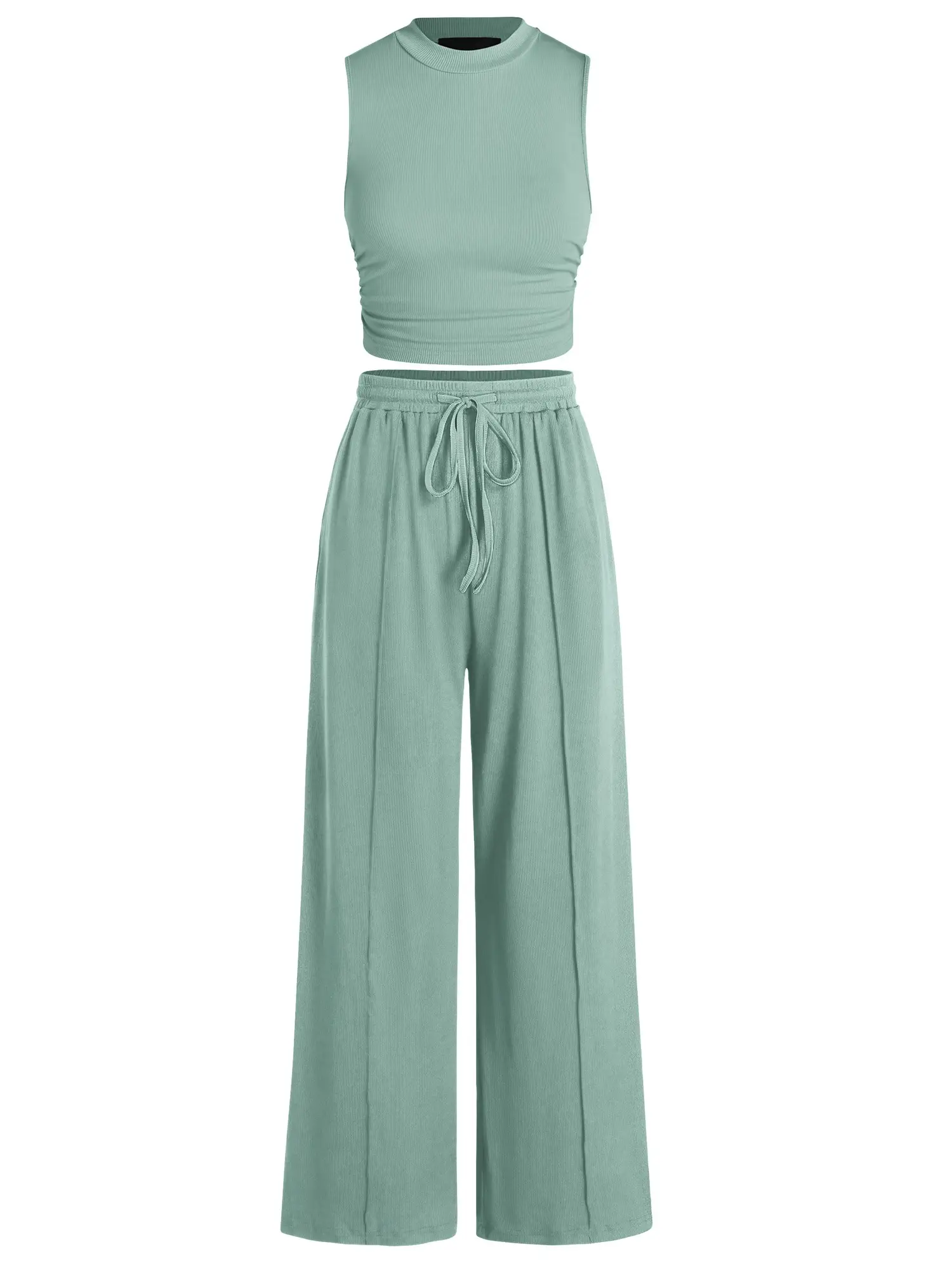 BTFBM Women's Summer 2-Piece Outfits - Ribbed Knit Crew Neck Sleeveless Cropped Top & Wide Leg Pants Lounge Set #Outdoorfun
