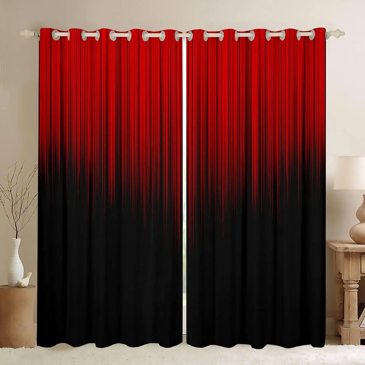 Feelyou Velvet Home Decoration Curtains, 2-Panel Red and Black Geometric Ombre Boho Pattern Drapes, Privacy Grommet Modern Living Room Gradient Window Treatments, Home Decoration Curtain, Privacy Grommet Curtains