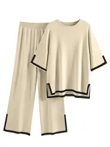 2 Piece Lounge Sets Women's Short Sleeve Knit Top Wide Leg Pants Sets Soft Womenswear Oversized Stretchy Chic Comfortable Comfy Elastic Overalls Loungewear Homewear