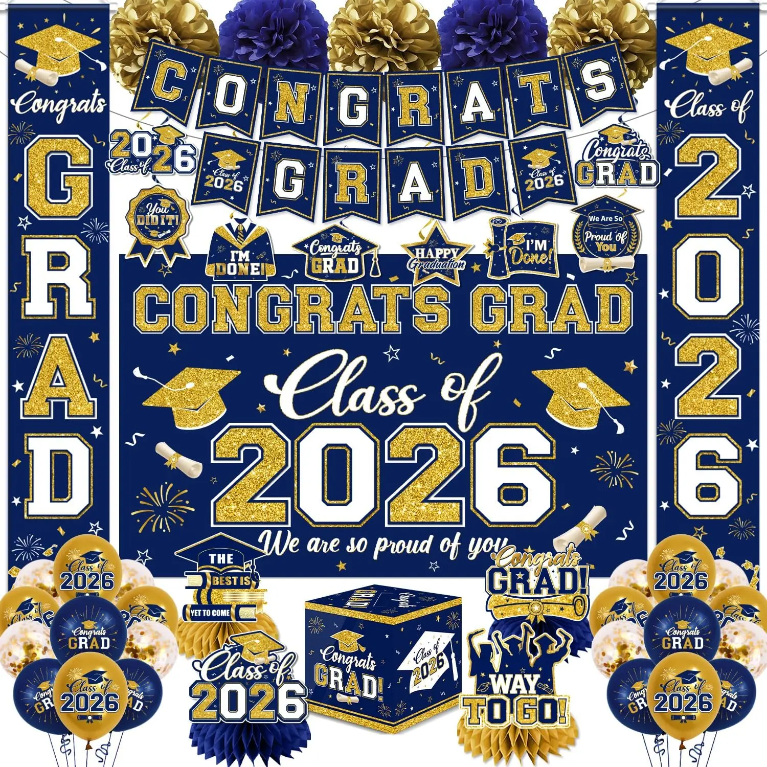 Navy Blue and Gold Graduation Decorations 2026 Set, All-in-1 Kit with Congrats Grad Banner Class of 2026 Backdrop Porch Sign Balloons Centerpieces Card Box Pom Poms Streamers for College High School