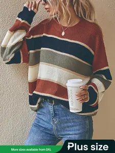 【Plus Size】 Patchwork Print Drop Shoulder Knitting Sweater, Casual Long Sleeve Round Neck Jumper for Fall & Winter, Women's Clothing for Daily Wear, Knitwear, Womenswear