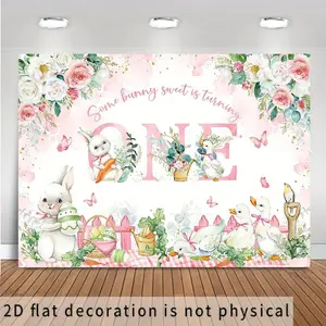 2D Flat, 1pc 180.01cm x 240.0cm Easter Bunny One Birthday Backdrop - Floral Rabbit Design with "Some Bunny Sweet is Turning ONE" Text, Pink & White Polyester Party Decor for 1st Birthday Celebrations, Photo Booth Background, No Electricity Needed,