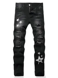 Men's star print ripped raw edge patchwork ripped jeans Slim fit casual trousers