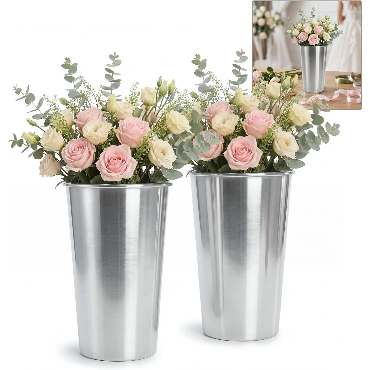 Kingrol 2-Pack Durable Aluminum Flower Buckets - 11.25" Tall Tapered Round Metal Containers, Minimalist Home Decor Vases, Rust-Resistant for Fresh Cut Flowers, Florist Studio Events, Farmhouse Use, Weddings