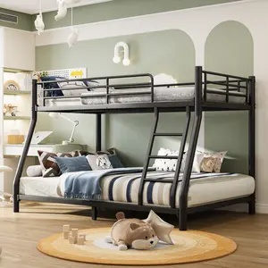Twin Over Full Bunk Bed Frame, Metal Bunk Bed Frame with Ladder, Safety Rail & Steel Slats, Space-Saving Bunk Beds for Bedroom, Dorm, Noise Free, No Box Spring Needed, Black