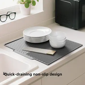 Silicone Slope Draining Mat - Large Water Guide Dish Plate Drying Mat with Funnel Design. A Quick - draining, Non - slip Household Item Ideal for Kitchen & Bathroom Decor