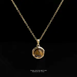 18K Gold Plated Natural Tiger Eye Stone Necklace - Vintage Retro Geometric Pendant Chain for Women, Artistic Chic Jewelry