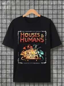 Men'S "Houses and Humans" Graphic T-Shirt| Black Short Sleeve Crew Neck, Fantasy Dragon Design with Chessboard, Perfect for Fans of Tabletop Games, All-Season Casual Wear, Dragon Shirt