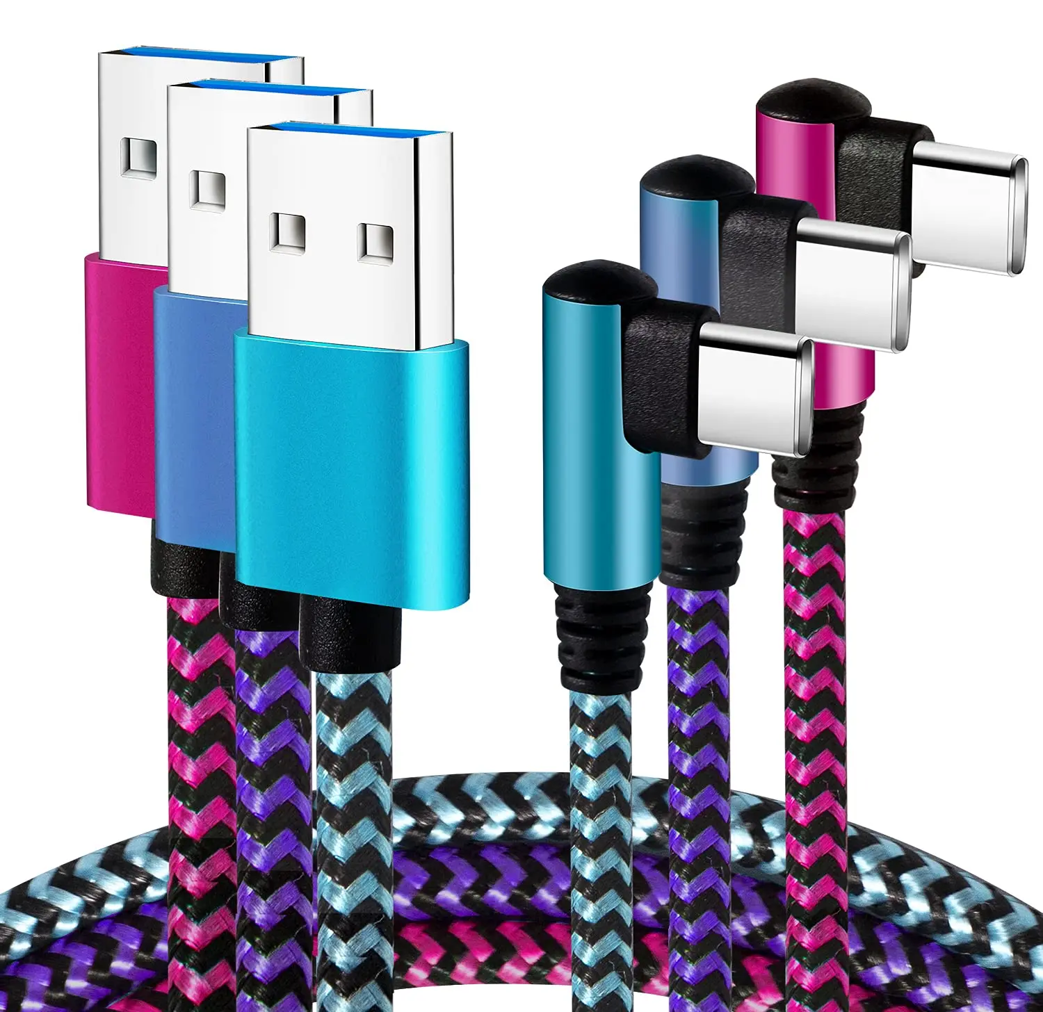USB Type C Cable 2.1A Fast Charging: [90 Degree/6ft/3Pack] Nylon USB C Cord Right Angle Compatible with Samsung Galaxy S23/S22/9/Note 10, USB C Charger-Blue/Magenta/Purple