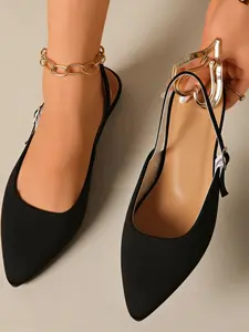 Women's Elegant Ankle Strap Flat Sandal Shoes, Solid Color Design, Lightweight Pointed Toe, Comfortable Daily Wear, Stylish Footwear