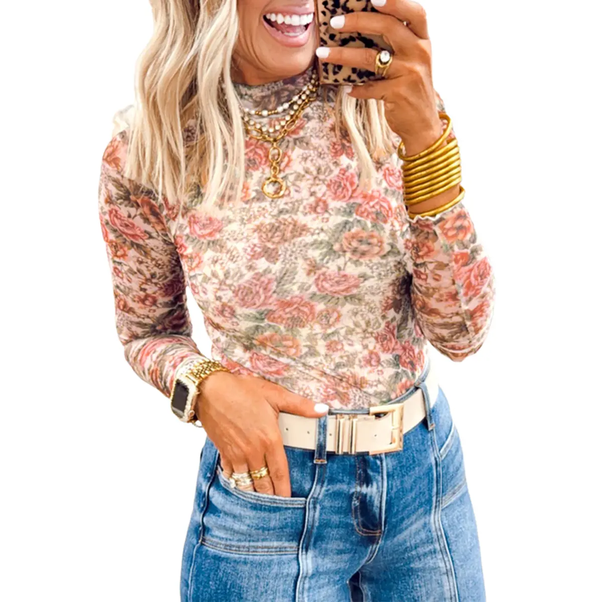 Mntaor Women's Fashion Mesh Top: Floral Mock Neck Long Sleeve Shirt in White, Ideal for Casual Outfits, Dates, and Social