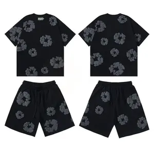 Denim Tears Y2K Women's Shorts Set New Summer Unisex Ripped Denim 3D Foam Print Vintage Pattern T-Shirt Fashion Casual Harajuku Goth Streetwear Basic Two Piece Suits