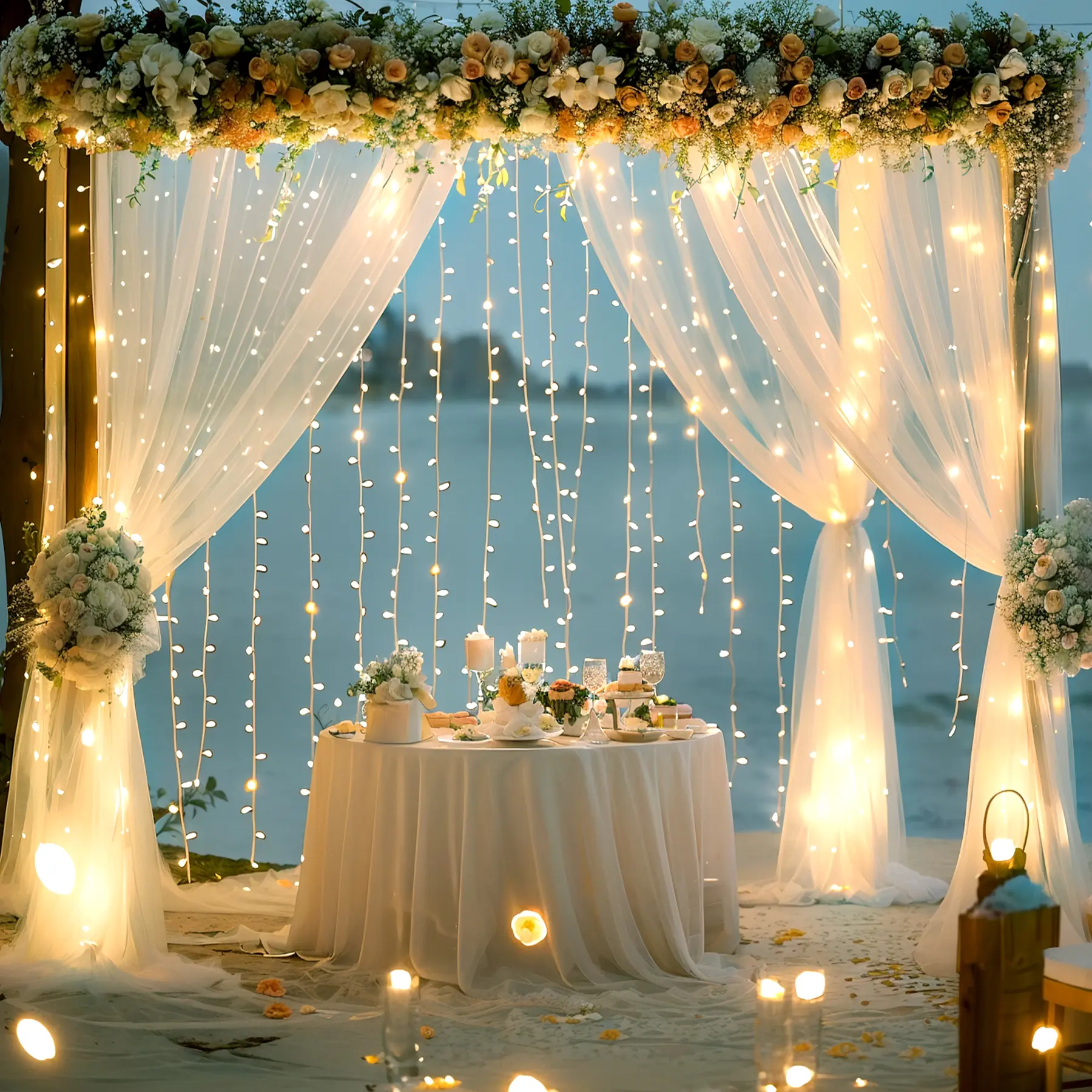 Collapsible 5×10ft Polyester Sheer Tulle Wall Hanging Backdrop Curtain Set with Lights - Home Supplies, Banners for Weddings, Photo Shoots, Candy Buffet Decor