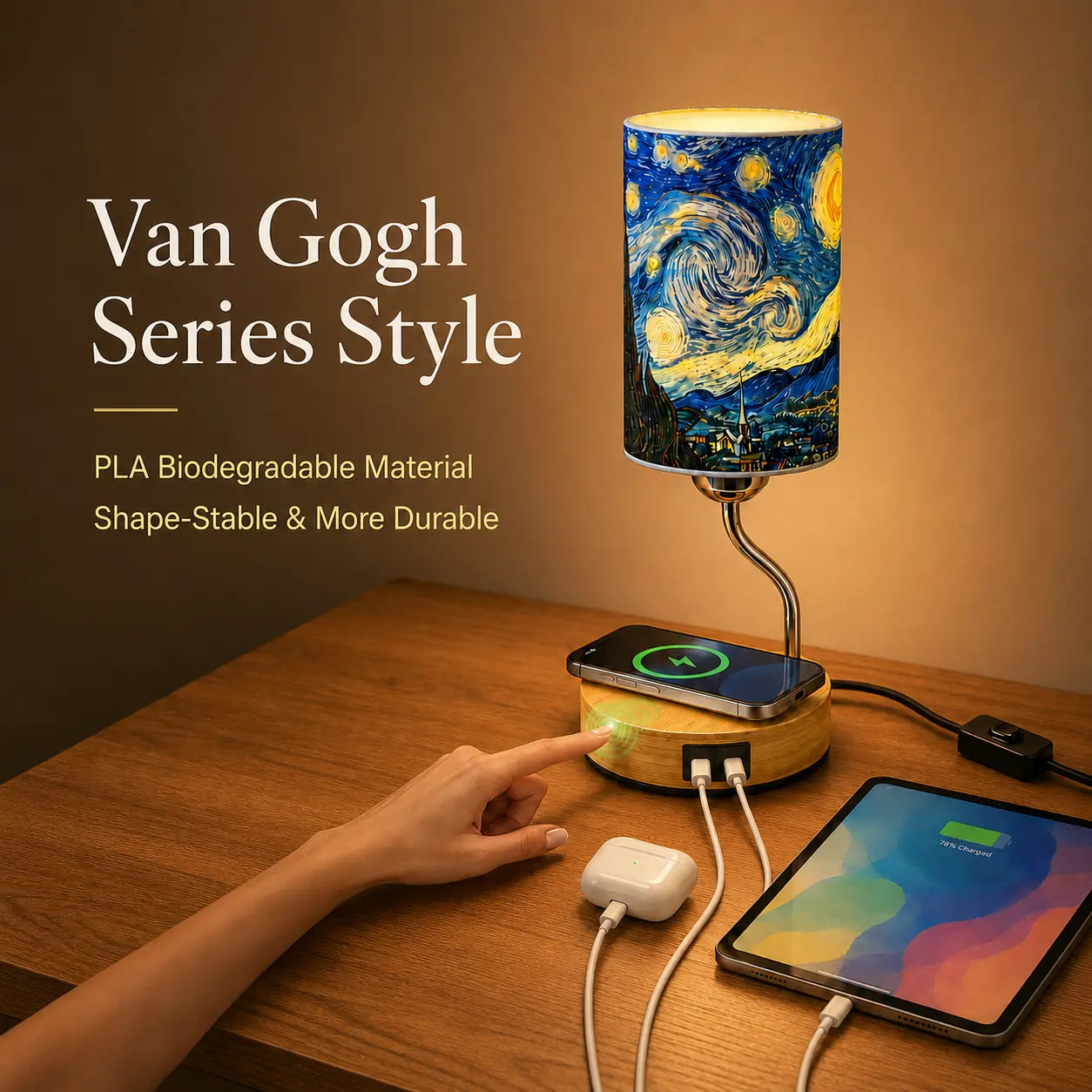Van Gogh Starry Night Table Lamp - Touch Control Bedside Lamp with 3 Dimmable Colors, MagSafe Wireless Charging, USB-A & Type-C Ports, Flexible Gooseneck, Bamboo Wood Base, Inline Switch, US Plug for Dorms, Apartments