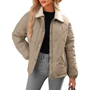 Women's Winter Casual Quilted Jackets Long Sleeve Button Down Puffer Jacket Padded Outerwear Coats
