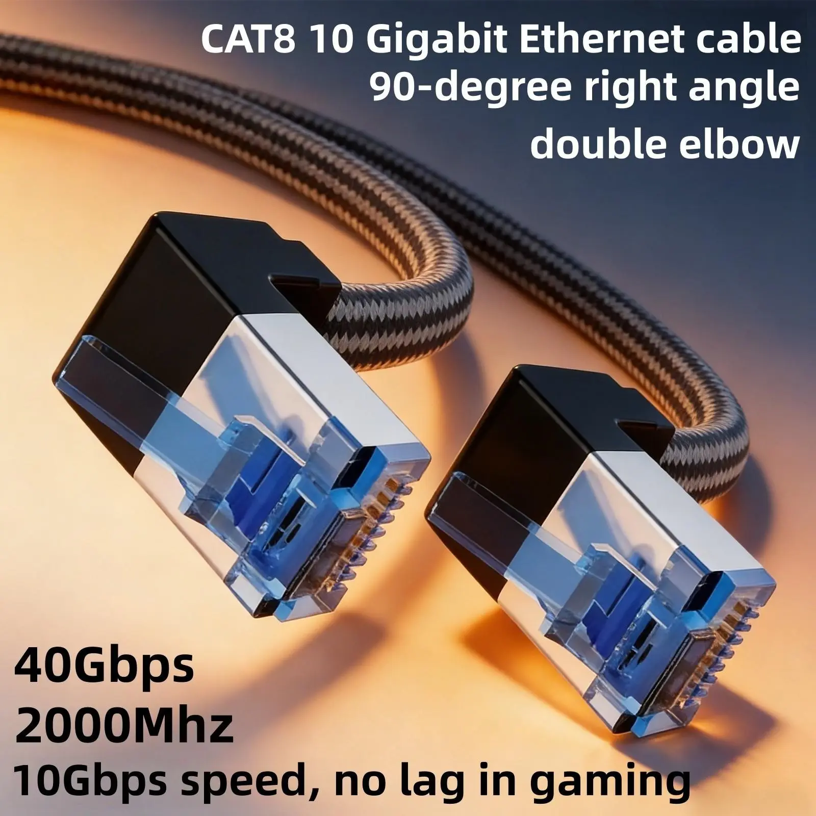 Ethernet Cable Cat6 Cat8 Rj45, Gigabit Ethernet Cable 90 Degree Bend Double Elbow Flat Braided Cat8 Ethernet Cable, 2000mhz 40gbps Speed for Ps5, Laptop, High-Speed Gaming