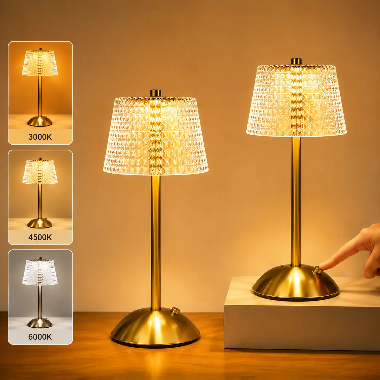 Minimalist Gold Cordless Crystal Table Lamp - Premium Rechargeable Touch Lamp with 3 Color Dimmable Decorative Ambiance Lighting, Bedroom Ambient Lighting for Indoor Use Nightstand, Home Decor Diamond Lamp