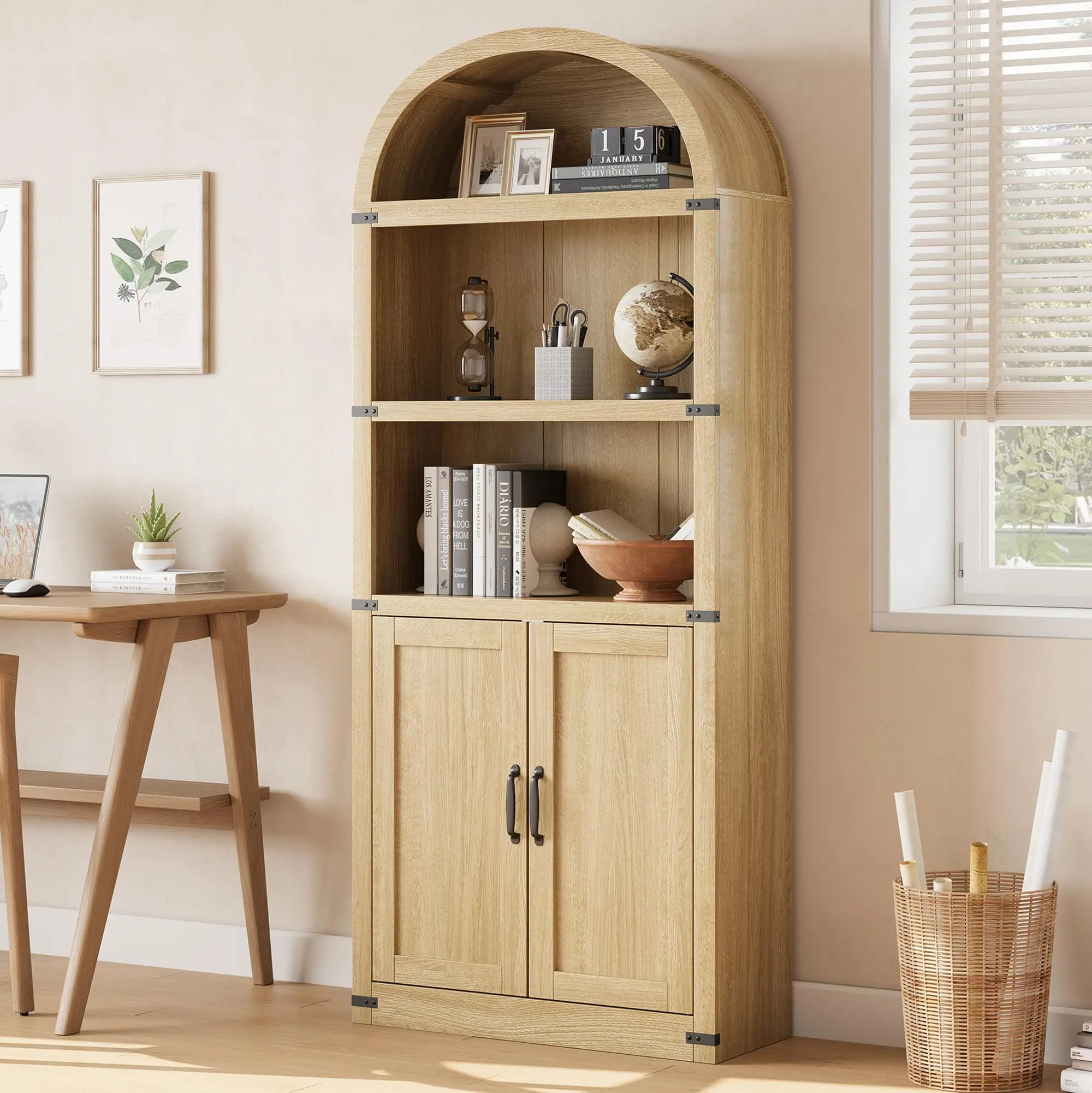 Arched Bookcase with Doors 5 Shelf Bookshelf Tall Bookcase Farmhouse Display Storage Rack Wooden Bookshelves for Home Office, Living Room