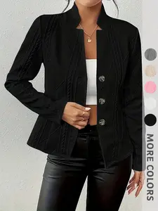 Women's Spring & Fall Long Sleeve Coat, Textured Knit Buttoned Blazer Jacket, Elegant Slim-Fitting Stand Collar Outerwear, Knitwear