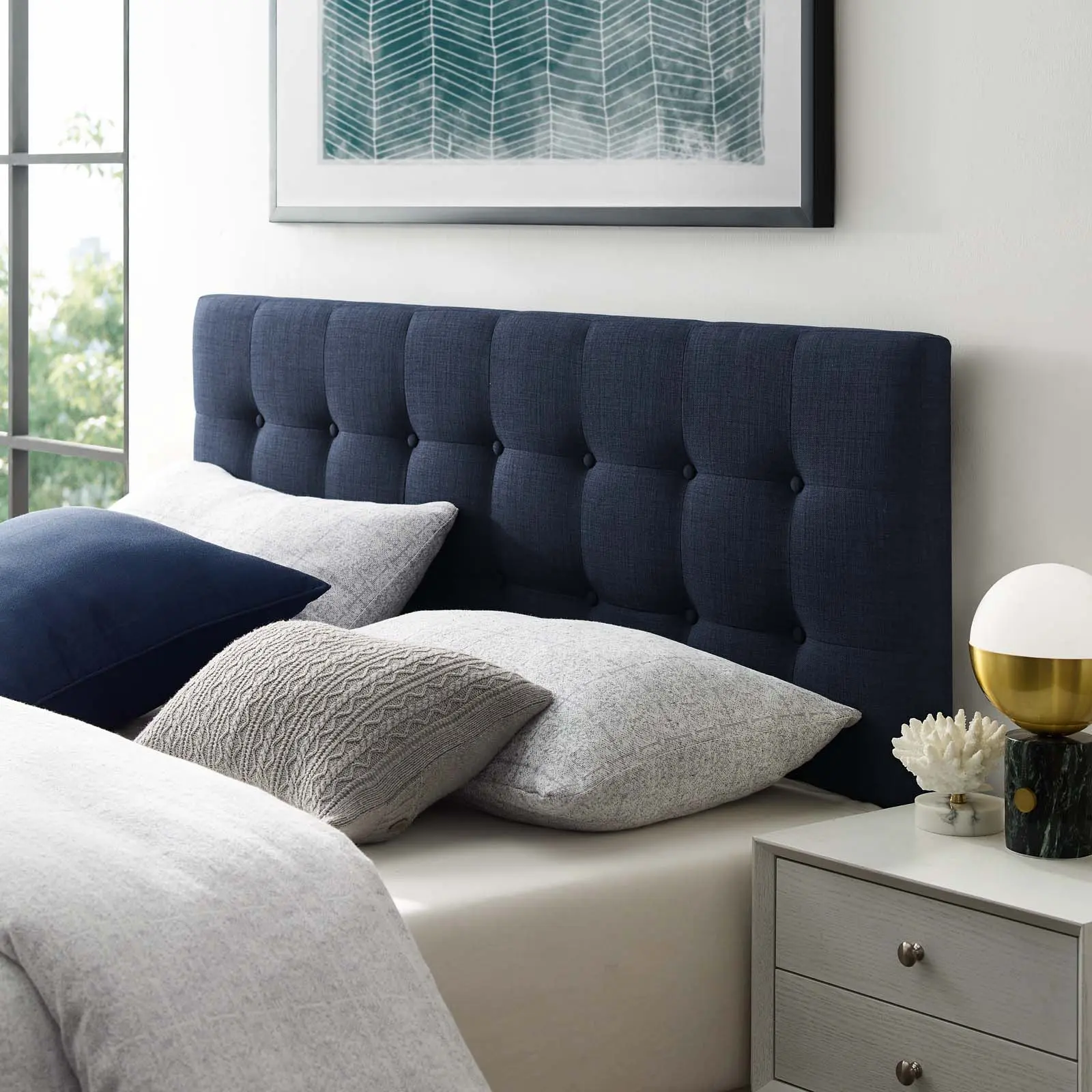 Modway Emily Queen-Size Tufted Button Headboard, Navy Upholstered Fabric Headboard for Indoor Bedroom Furniture, Headboards