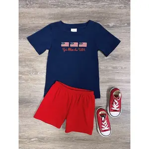 God Bless the USA Boys & Toddler Size Navy Blue & Red Flag Shirt & Shorts 4th of July Outfit Set