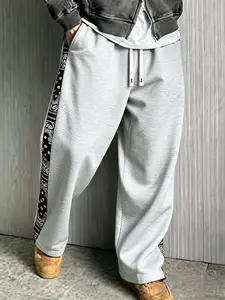 Men’s drawstring wide-leg sweatpants with fruit-of-the-loom patchwork, light gray vintage street-style casual pants Black Drape