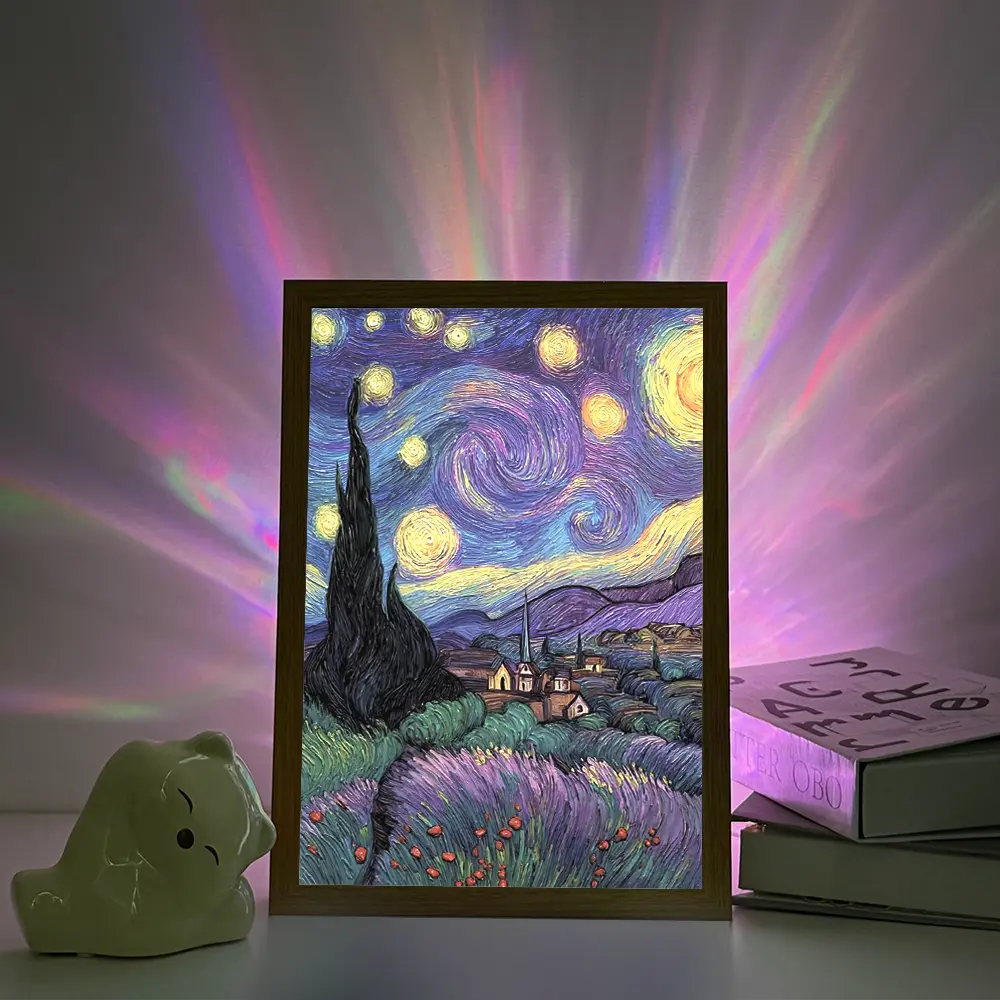 Giant Golden Full Moon Behind Vibrant Stacked Colorful Town Houses LED Light Painting USB-Powered, Dimmable Night Wall Lamp, Thick Palette Knife Oil Painting Canvas Frame, Cute Gift For Art Lovers, Kids Bedroom Interior Lights
