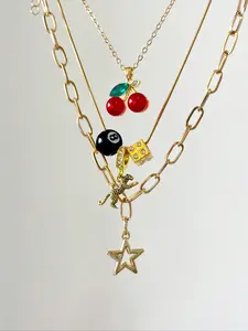 3pcs Leopard & Cherry Necklace Set, 8-Ball Billiard Dice Charm Necklace, Red Cherry Necklace, Fashionable Star Necklace, Classic Leopard Necklace，Suitable for daily wear