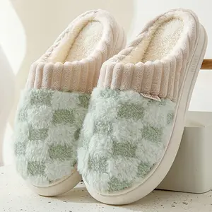 Checkered Fluffy Warm Home Slippers Plush Cotton Slippers For Women Winter Closed Toe Soft Sole House Shoes Cozy Bedroom Slippers
