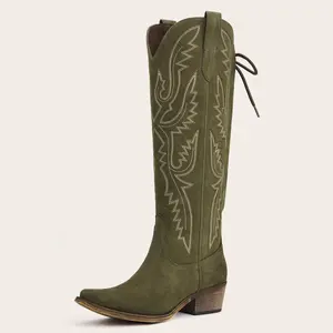 Women's Knee High Cowboy Cowgirl Boots with Flame-Shaped Embroidery Snip Toe Adjustable Back Tie Side Zipper Chunky Heel Design Women's Shoes #TikTokShopBlackFriday #TikTokShopCyberMonday