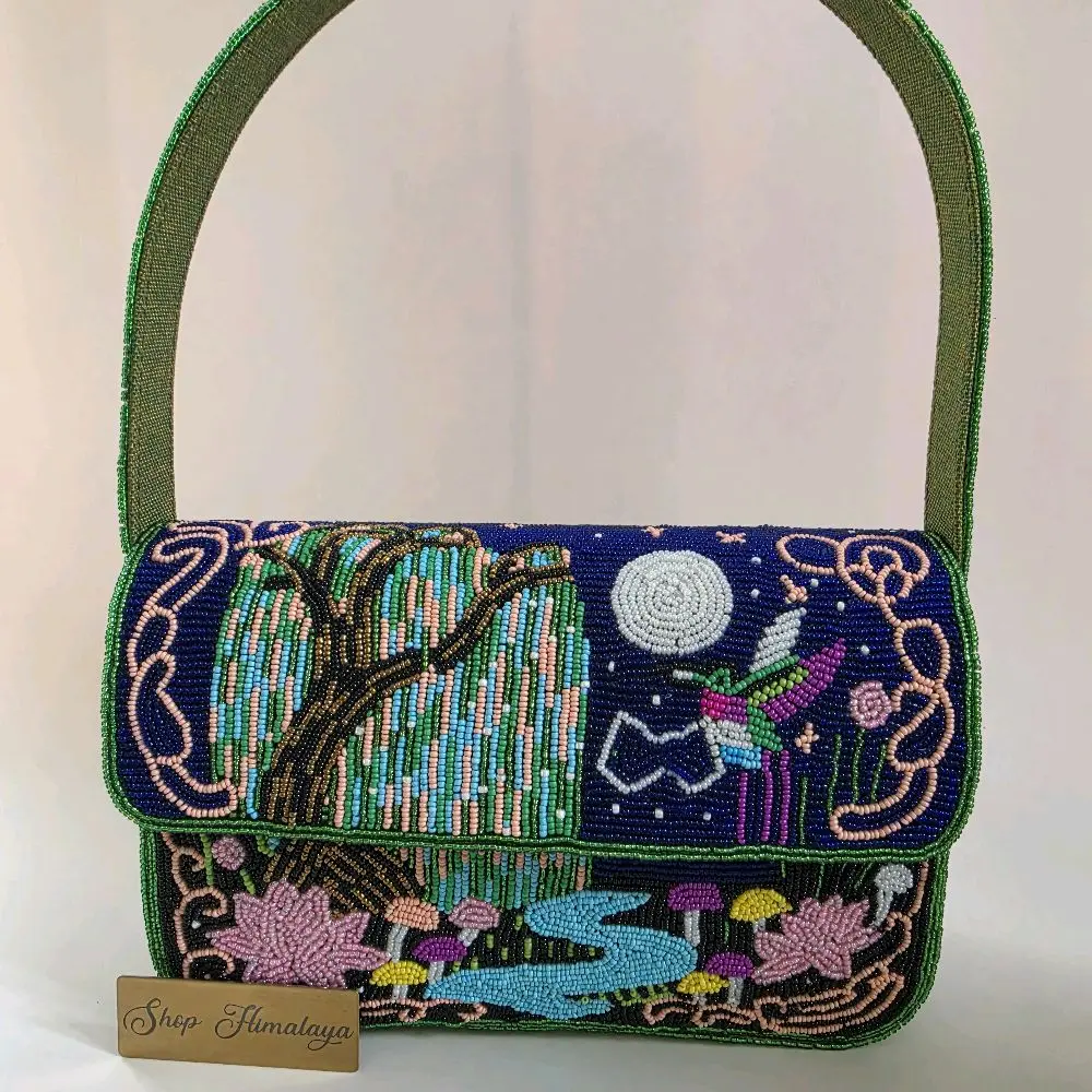 Beaded Enchanted Forest Shoulder Bag | Handcrafted Fairy, Willow Tree & Moonlit Garden Handbag