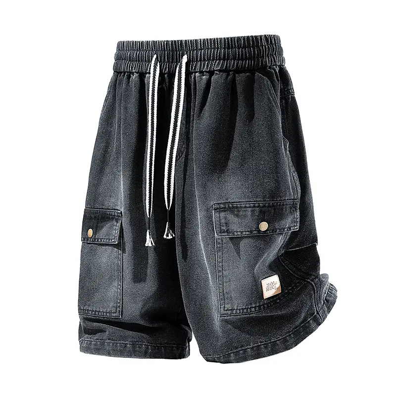Men's Denim Cargo Jorts, Retro Baggy Cotton Fit with Multiple Pockets and Drawstring Waist for Casual Street Wear