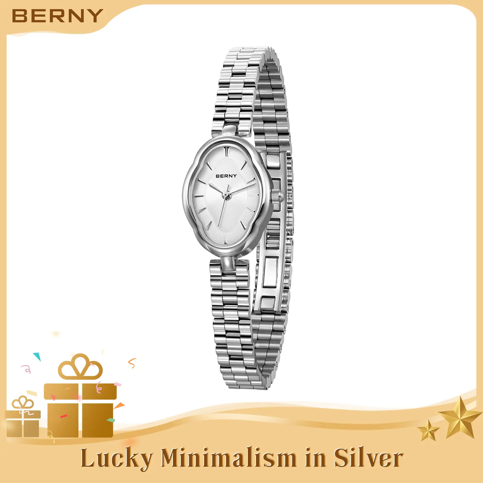 BERNY Cloud-Inspired Women's Watch - Silver Stainless Steel Quartz Watch, Organic Oval Case, Minimalist Jewelry Watch, Adjustable Bracelet with Resize Tool, 3ATM Waterproof, Gift for Women, Summer Accessory