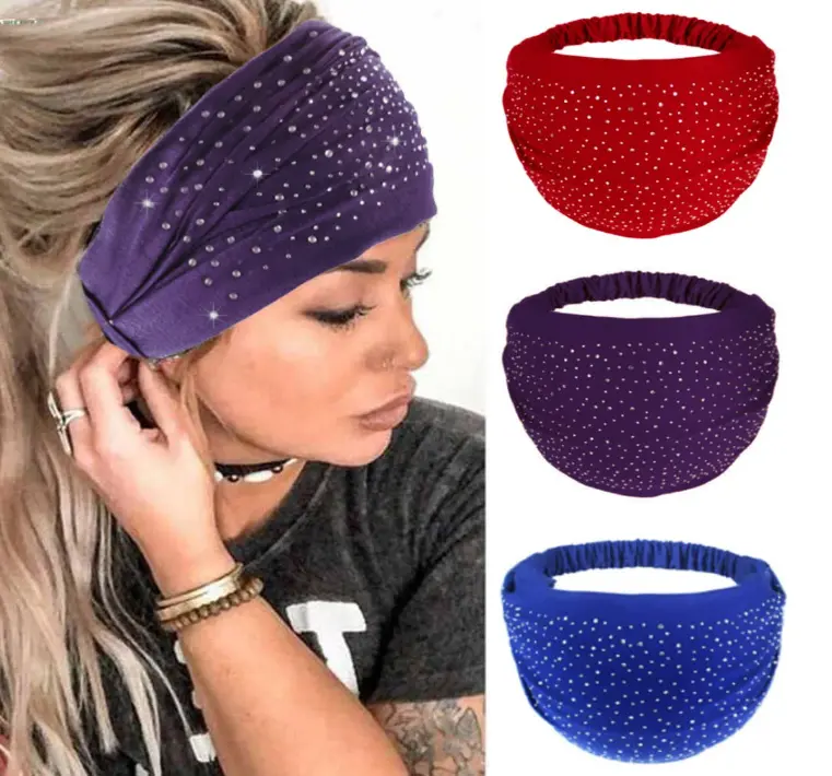 Women's 3-Piece Elastic Crystal Wide Headbands - Adjustable 1-Size Rhinestone Black Turban Head Wraps, Sporty Sports Headbands for Daily Workout, Yoga