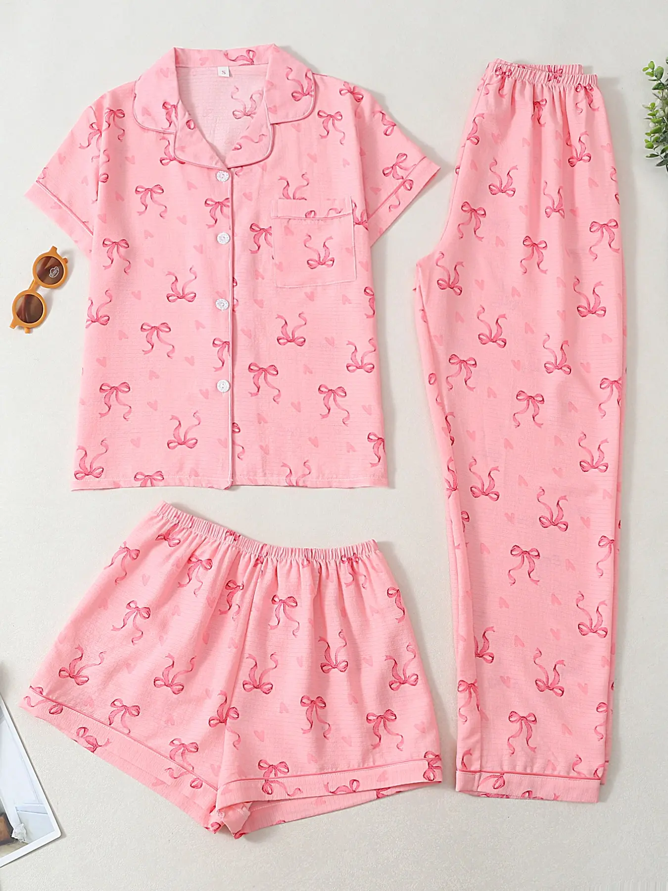 Women's 3-Piece Pajama Set, Short Sleeve Open Front Top + Shorts + Long Pants, Bowknot All over Print, Cute Casual Fitted Sleepwear, Loungewear, Nightwear Sleepwear, Sleep Pajamas Shorts, Lounge Pajama Style, Pjs, Casual Pyjama Set
