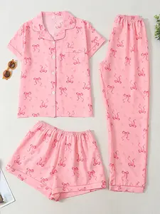 Women's 3-Piece Pajama Set, Short Sleeve Open Front Top + Shorts + Long Pants, Bowknot All over Print, Cute Casual Fitted Sleepwear, Loungewear, Nightwear Sleepwear, Sleep Pajamas Shorts, Pjs