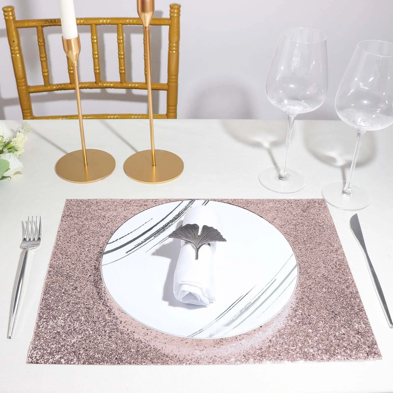 6-Pack 12"x18" Rectangle Glitter Rose Gold Dots Placemats, Non-Slip Stain-Guard Glam Tableware for Coffee Table, Wedding Use